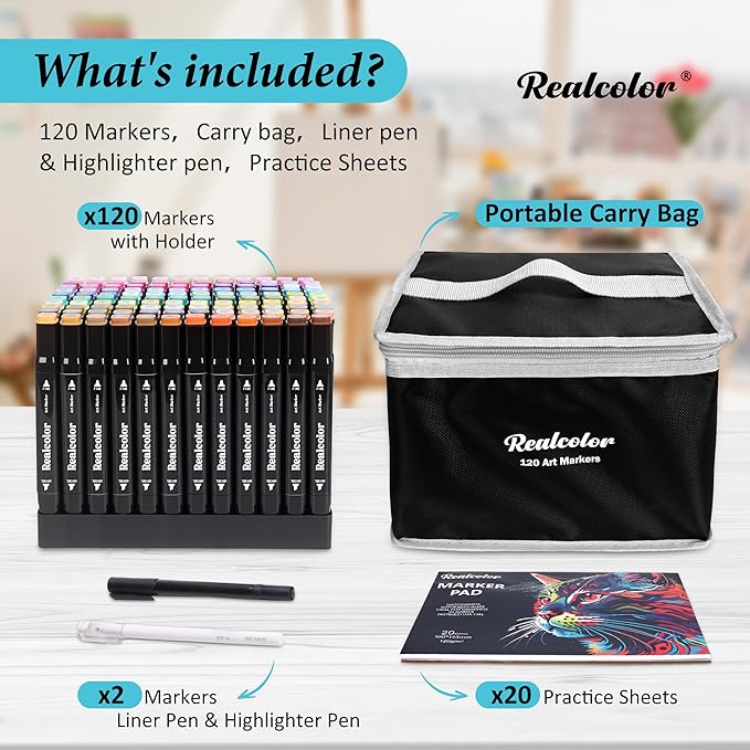 120 Alcohol Markers Set,Dual Tip Art Markers for Adult Coloring, Alcohol Marker Set for Drawing,Coloring,Sketching,Card Making,Illustration, Ideal for Artists, Designers & Crafters