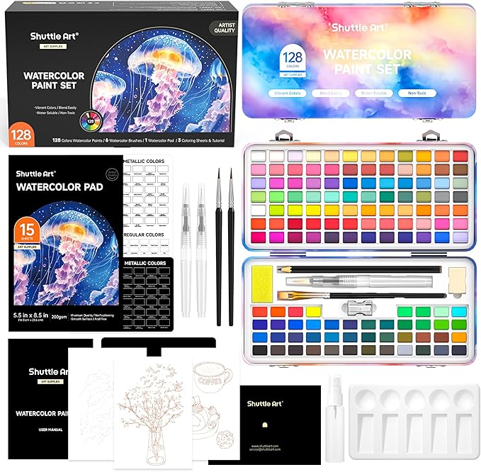 Shuttle Art Watercolor Paint Set, 128 Vibrant Colors with Metallic Shades, Travel Water Color Set with Watercolor Brushes, Palette, Watercolor Sketchbook and Coloring Sheets for Adults, Kids, Artists