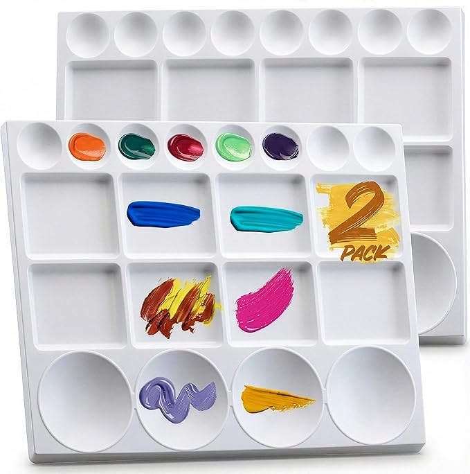 DUGATO Large Paint Palette Trays (2 Pack, 10x13) - 20-Well Plastic Mixing Palettes for Acrylic, Oil, Watercolor & Gouache Paints - Artist Supplies