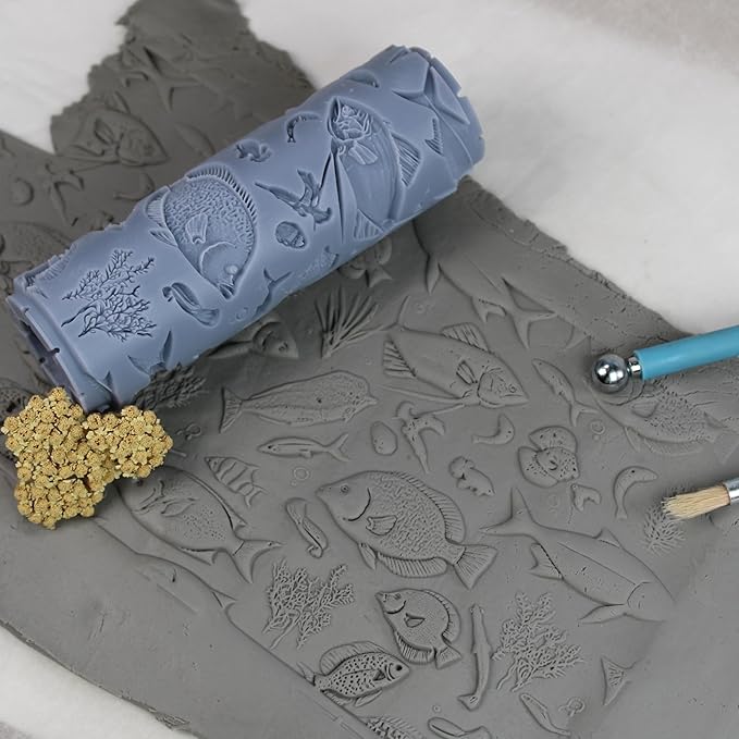 Deep Sea Menagerie Clay Texture Roller (4") - Seamless Ocean Set #01 - Embossing Pattern Roller for Polymer & Ceramic Clay, Pottery & Crafts
