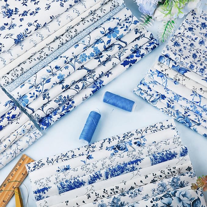 Tatuo 30 Pcs 10 x 10 Inches Blue and White Floral Cotton Fabric Quilting Bundle Squares Patchwork Floral Fabric Sewing Quilting Bundles Assorted Pattern Cloth for DIY Scrapbook Craft Making