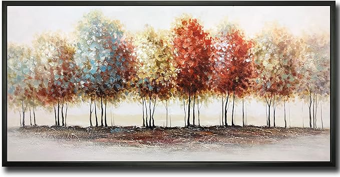 Tiancheng Art, 24x48 Inch Modern Abstract Painting Oil Hand Paintings Tree 3D Hand-Painted On Canvas Acrylic Frame Wall Art Colorful Forest Box Table Hanging Wall Decoration