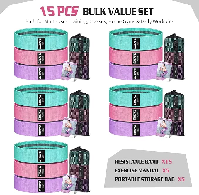 3/15PCS Fabric Resistance Bands for PT& Yoga Class, Athletes Training, Home Gym Exercise, Non-Slip Booty Bands Bulk Set for Glute, Leg Bands for Women, 3 Resistance Levels with Carry Bag