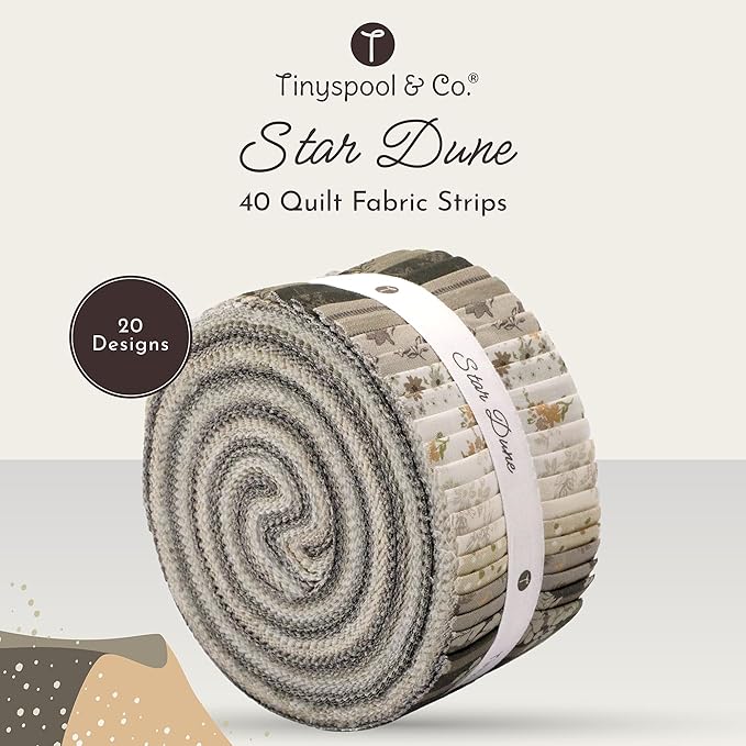 Tinyspool & Co. Jelly Roll Fabric Strips for Quilting, Crafting, and Sewing, 40 Strip Assorted Bundle, Soft Cotton for Blanket, Rug, Upholstery, Home Decor, and Purse Making, Star Dune