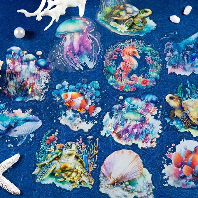 Yoksas 60Pcs Holographic Ocean Life Jellyfish Turtles Stickers - Sea Marine Animal Whales Dolphins Seahorses Stickers for Junk Journal,Scrapbooking Supplies,Planner