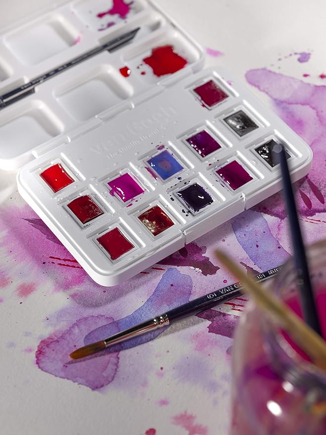 Van Gogh Watercolor Paint Set, Plastic Pocketbox, 12-Half Pan Pinks & Violets Selection