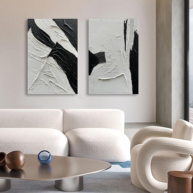 NANKAI Art Hand-Painted Black and White Texture Oil Painting Modern Minimalist Abstract Art 45x30 inch Large Home Wall Deco Art Painting
