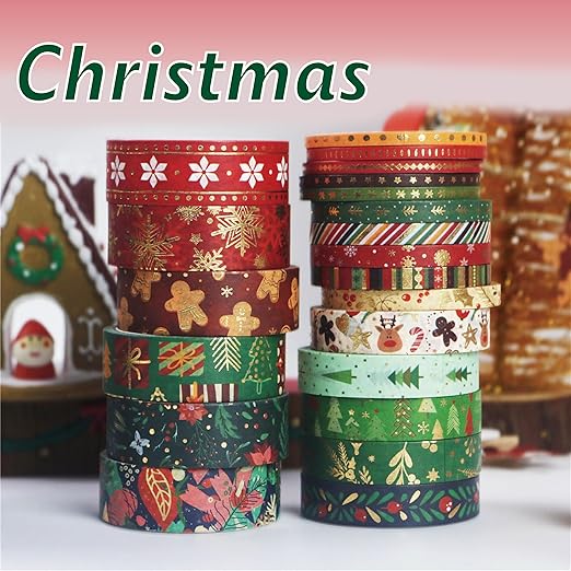 21 Rolls Christmas Gold Foil Washi Tape - Holiday Decor with Snowflake, Deer, Tree Designs - Self-Adhesive Tape for DIY Crafts, Wrapping,Scrapbooking Party Favors