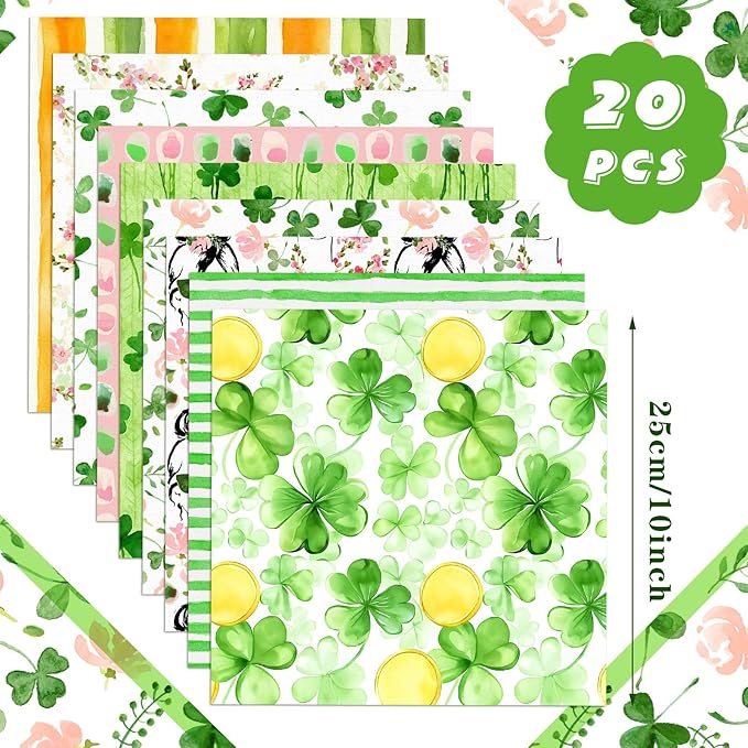 20 Pcs 10''x10'' St. Patrick's Day Quilting Fabric Square Bundle Watercolor Irish Precuts Quiltted Fabric Shamrock Lucky Clover Printed Patchwork Supplies for Patchwork DIY Sewing Craft
