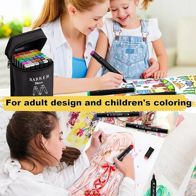 Alcohol Markers, 36 Colors Dual Tip Art Marker, Alcohol Based Markers for Kids Sketching Adult Coloring, Permanent Drawing Marker with Case and Holders
