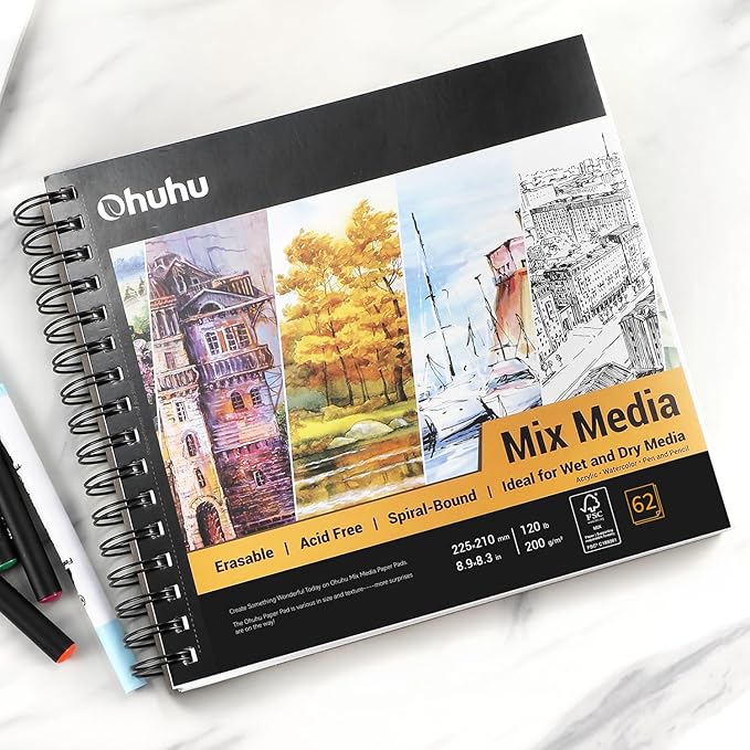 Ohuhu Mix Media Pad, 8.9"x8.3" Mixed Media Art Sketchbook, 120 lb/200 GSM Heavyweight Papers, 62 Sheets/124 Pages, Spiral Bound Mix Media Paper Pad for Acrylic, Painting, Christmas Gift