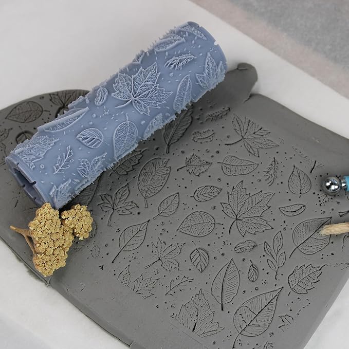 Falling Leaves Clay Texture Roller (4") - Seamless Meadow Set #01 - Embossing Pattern Roller for Polymer & Ceramic Clay, Pottery & Crafts