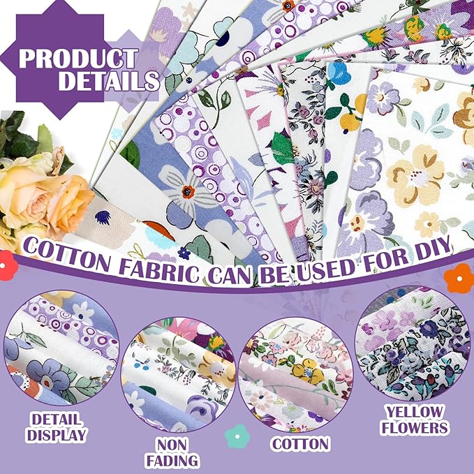 Kinlop 600 Pcs 5 x 5 Inch Floral Charm Packs for Quilting Purple Flower Cotton Fabric Square Bulk Precut Fabric Squares Strips Printed Purple Floral Patchwork for DIY Craft Sewing Accessory