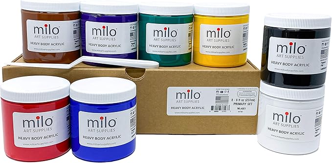 milo Acrylic Paint Set of 8 Colors | 8 ounce Jars | Heavy Body Acrylic Painting Set | Made in the USA | Non-Toxic, Holds Texture and Brush Strokes