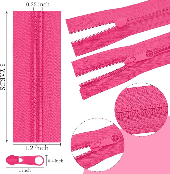 Syhood 36 Yards 12 Pieces #5 Sewing Zippers Tapes Assorted Nylon Lightweight with 120 Plastic Zipper Sliders for Women Men Sewing Supplies(Princess Pink)