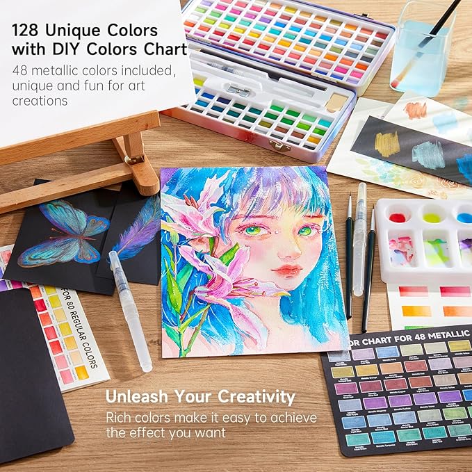 Shuttle Art Watercolor Paint Set, 128 Vibrant Colors with Metallic Shades, Travel Water Color Set with Watercolor Brushes, Palette, Watercolor Sketchbook and Coloring Sheets for Adults, Kids, Artists