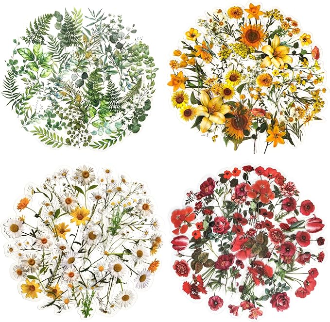 Yoksas Nature Floral Plant Stickers Set - 320 Pieces Transparent Pressed Flower Decals Journaling Stickers for Scrapbook,Junk Bullet Journal,Planner,Resin Art
