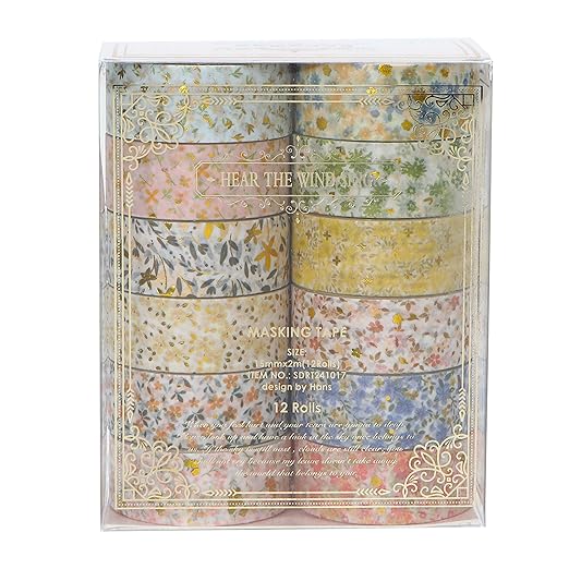 12 Rolls Charming Washi Tape Set Gold Silver Foil Detailing Arts Adhesive Tapes Basic Patterns Decorative Masking Tape Sets for Craft, Kids, Scrapbook, DIY, Gift Wrapping (Spring Bloom)