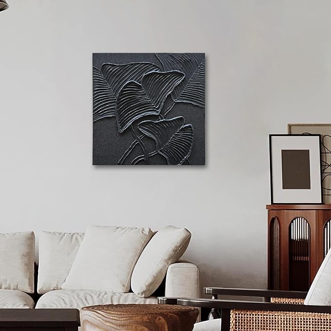 NANKAI Art Hand-Painted Black Leaf Texture Abstract Art Contemporary Minimalist Canvas Oil Painting, Home Living Room Corridor Wall Decoration Art, 24x24 inches