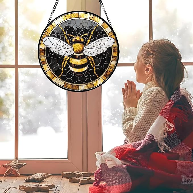 Stained Glass Window Hanging - Black Gold Bee White Wings Sun Catcher for Door Home Decor Insect Suncatcher Christmas Mother's Day Birthday Gifts for Women Men Lovers Mom Nana 15 in