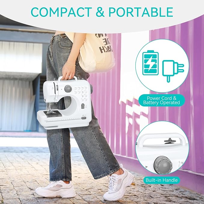 Mini Sewing Machine for Beginners, Portable Electric Sewing Machine with Dual Speed, 12 Built-in Stitches, Foot Pedal, and Accessories Kit for Home DIY Projects & Gift, White and Gray