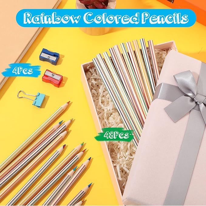 CHENGU 48 Pcs Rainbow Colored Pencils Bulk 7 Color in 1 Wooden Rainbow Pencil with 4 Pieces Sharpener for Kids Adults Art Drawing(Straight and Curved Line)