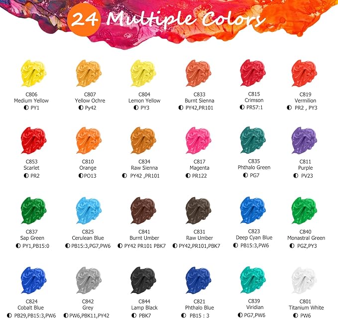 Caliart Acrylic Paint Set With 12 Brushes, 24 Colors (120ml, 4oz) Art Craft Paints for Adults Artists Beginners Painters, Canvas Ceramic Wood Rock Painting Art Supplies Kit