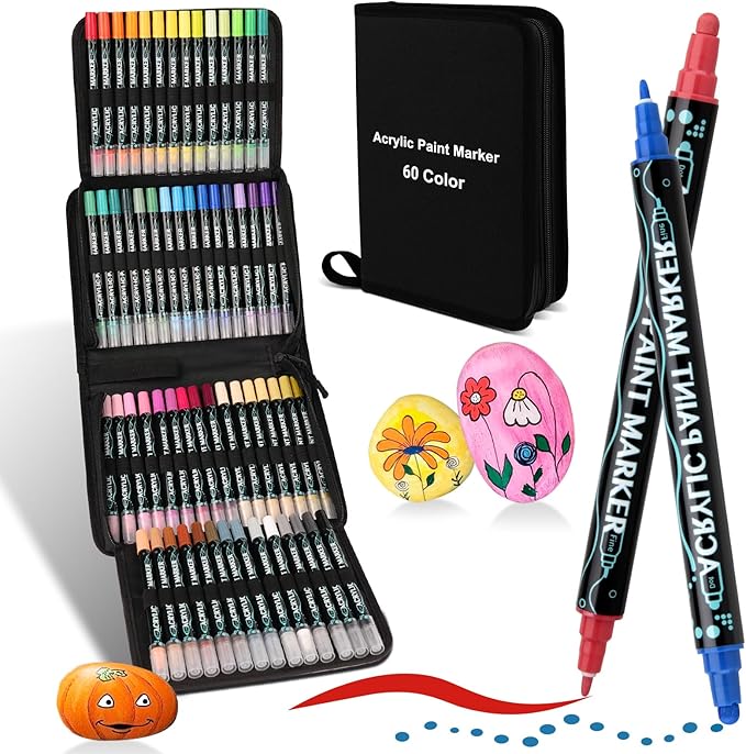 60 Colors Acrylic Paint Markers, Dual Tip Acrylic Paint Pens for Rock Painting Halloween Decor Pumpkin Wood Canvas Plastic Metal And Stone,DIY Crafts Making Art Supplies Christmas Gift