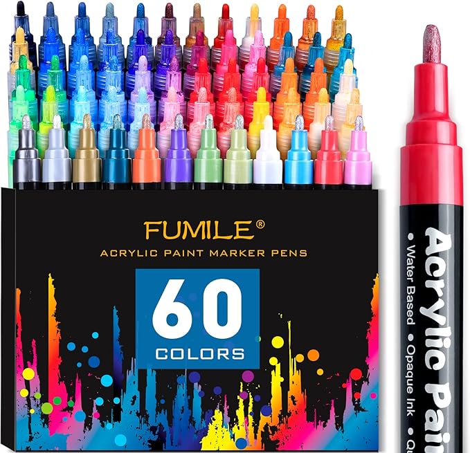 FUMILE Paint Pens paint Markers, 60 Colors Acrylic Paint Marker Pen Set include Metallic Color (12 PCS) and Normal color (48 PCS). Ideal for Rock Wood, Metal, Plastic, Glass, Canvas, Easter egg DIY.