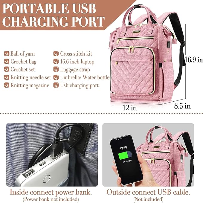 Kuosdaz Knitting Bag Backpack, Crochet Bag Tote, Yarn Organizer with USB Charging Port, Christmas Gifts Large Travel Crochet Storage Tote for Crochet Hooks, Knitting Needles, Yarn Supplies, Pink