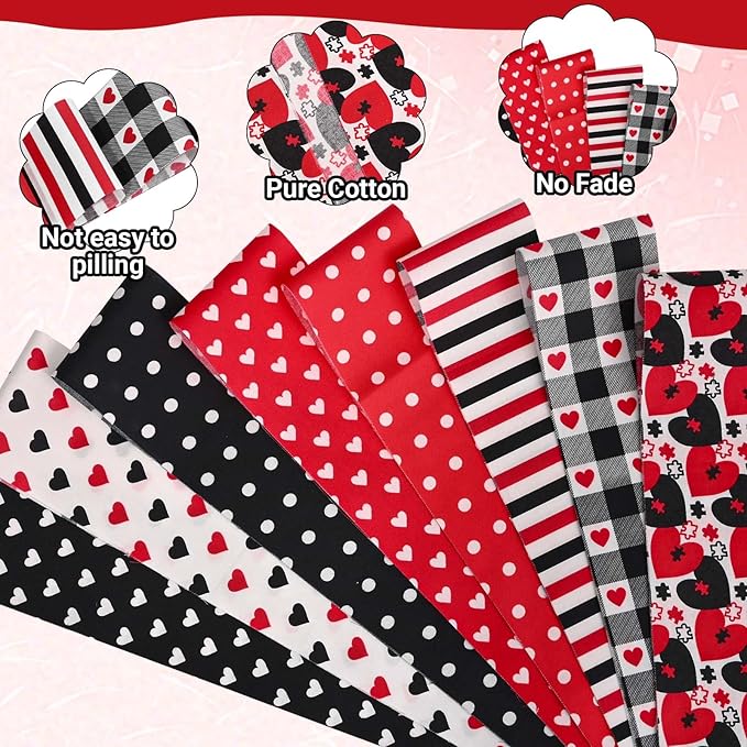 40 Pcs Red Black Love Heart Cotton Fabric Strips Polka Dots Stripes Plaid Mother's Day Fabric Bundles Strips for Quilting Crafting Precut Patchwork for Gift Sewing DIY Crafts