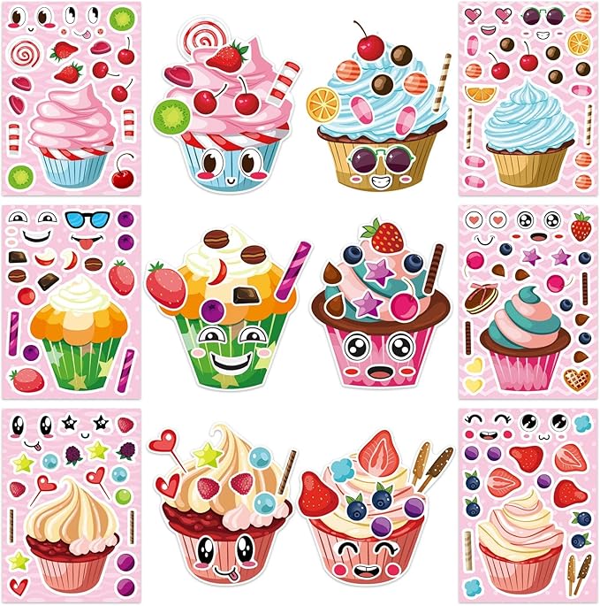 24 Sheets Make Your Own Multicolor Cartoon Ice Cream & Cupcake Stickers, Make a Face Stickers 12 Styles Dessert Sticker, Perfect for Decorating & Gifting, Ages 3+
