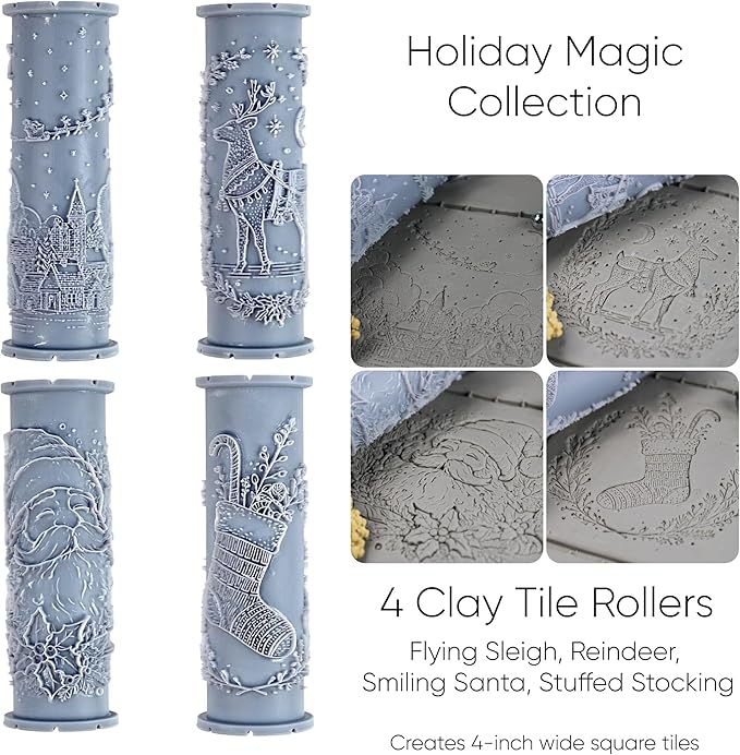 Holiday Magic 4-Pack Clay Texture Rollers (4") - Christmas Set #01 - Embossing Pattern Rollers for Polymer & Ceramic Clay, Pottery & Crafts