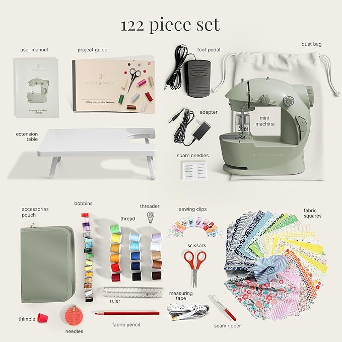 Hearth & Harbor Mini Sewing Machine for Beginners, Dual Speed Small Portable Sewing Machine for Kids and Adults with Extension Table, 122 Piece Gift Set Includes, Fabrics, Project Book and More, Green