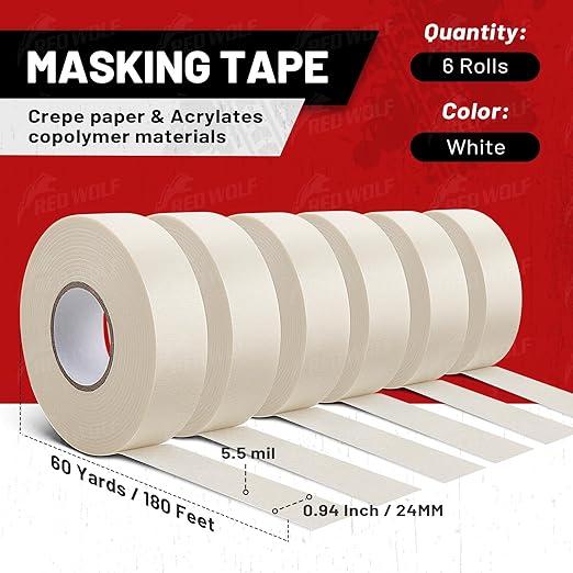RED WOLF 0.94" x 60 Yards Masking Tape 6 Pack, General Purpose for Painting Arts Crafts Label Car Painting, Sharp Paint Line No Residue Painters Tape White Beige Crepe Paper Tape Heat Resistance