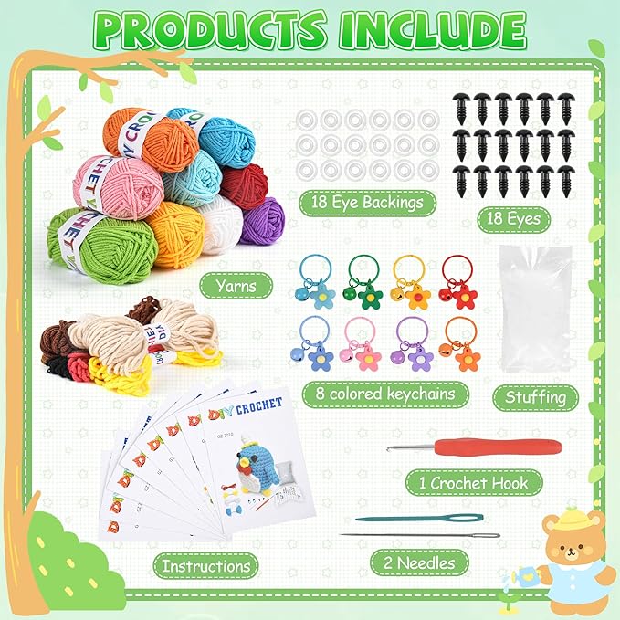 8Pcs Crochet Kit for Beginners, 2026 Great Christmas Gift for Crochet Lovers, DIY Craft for Adults and Kids, Crocheting Animal Kits with Step by Step Videos, Yarn, Crochet Hook, Birthday Holiday Gift