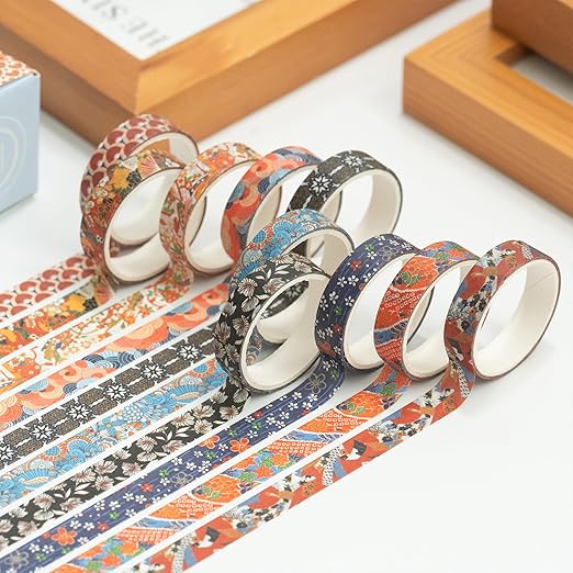 10 Rolls Ukiyo-e Style Washi Tape Set Japanese Kyoto Arts Adhesive Tapes Skinny Decorative Masking Tape Sets for Craft, Kids, Scrapbook, DIY, Gift Wrapping (Waves of Tradition)