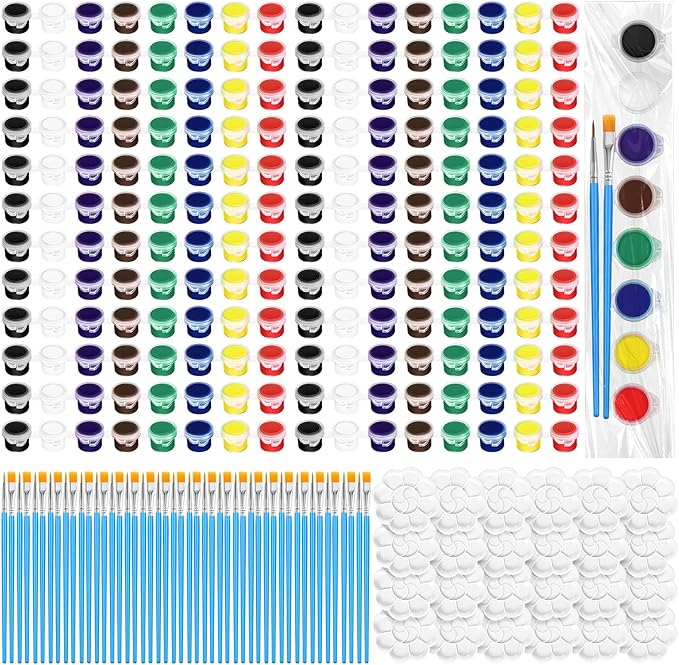 Fulmoon 24 Set Mini Acrylic Paint Set for Kids Adults Washable Mini Painting Kit Arts Crafts Party Favors Filled Strips Brushes Palettes Bulk for Classroom Home Kit Supplies (Fresh Color)