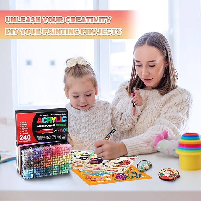 240 Colors Acrylic Paint Markers, Soft Brush Tip Acrylic Paint Pens for Stone, Wood, Glass, Rock Painting, Canvas, Ceramic, DIY Crafts Art Supplies