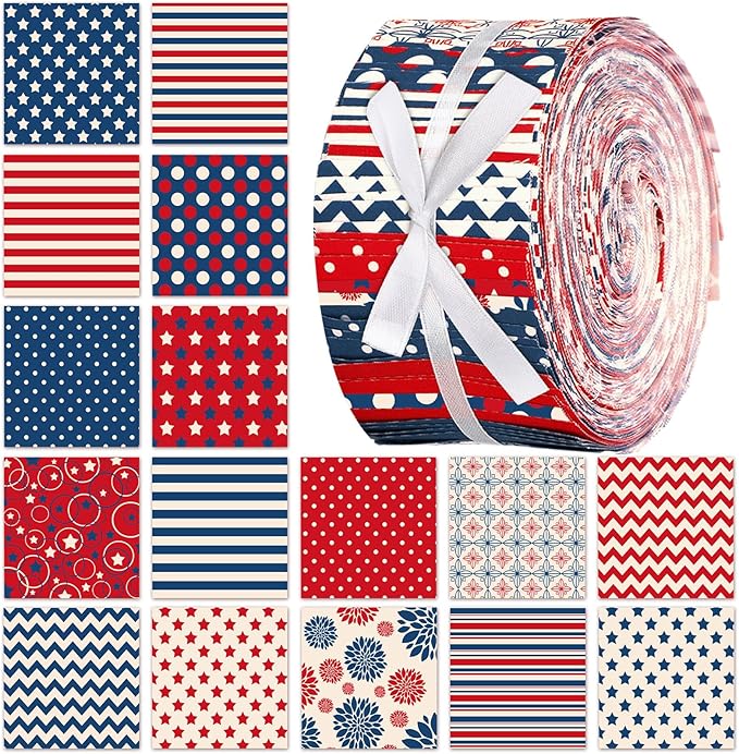 Ganeen 100 Pcs Patriotic Quilting Fabric Roll 2.56 Inch Retro 4th of July Fabric Squares Jelly Patchwork Precut Strips Bundles for Memorial Day Holiday Materials Craft DIY Sewing Cloths
