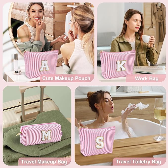 YOOLIFE Initial Makeup Bag Cosmetic Bag Birthday Gift for Women | Travel Toiletry Bags Girlfriend Teacher Gift 11 12 13 14 15 16 Years Old Girl Gifts Teen Girl Gifts Trendy Stuff Pink A