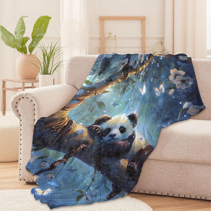 Fantasy Panda Throw Blanket – Cute Animal and Butterfly Design, Cozy Warm Flannel Blankets, All Season Use, Kids Boys Girls Women Gifts, 50x60in, Sofa Office Dorm Travel RV Farmhouse Decoration