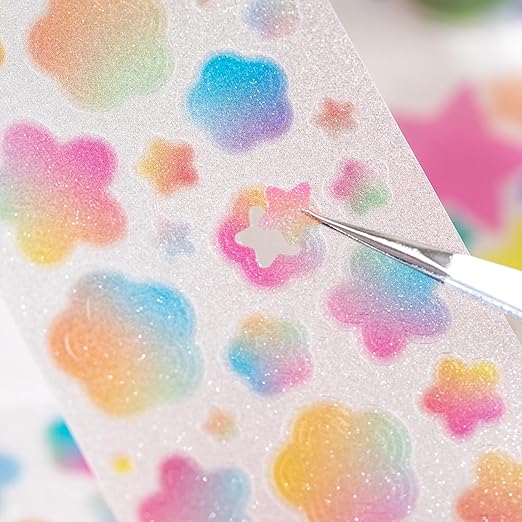 Colorful Gradient Heart Circle Flower Star PET Tape Stickers For Journaling Pre Cut Hearts Circles Stars Flowers PET Washi Tape Set Junk Journal Decorative Floral Circular Stickers Scrapbook Supplies