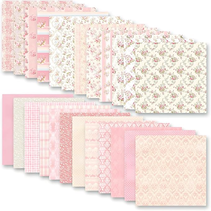 VIVIQUEN 24 Pack Pink Floral Double-Sided Paper, 12-inches Vintage Flowers Scrapbook Specialty Craft Paper Folded Flat for DIY Background Card Art Craft Making Scrapbook Photo Album Decor