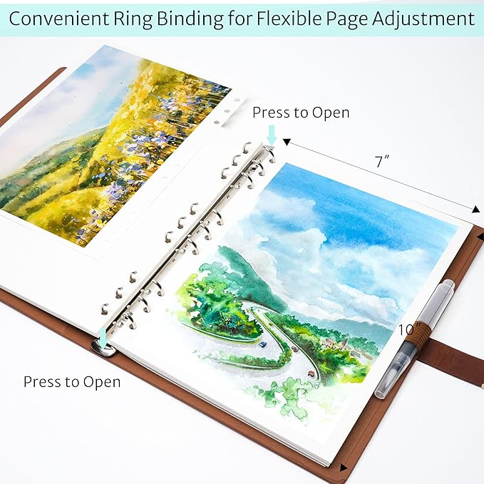 Vienrose 11" x 9" 3 Ring Watercolor Sketchbook, Faux Leather Cover Professional Art Journal with Detachable 24 Sheets 48 Pages, Ideal for Water Coloring, Sketching, Painting, Darkbrown