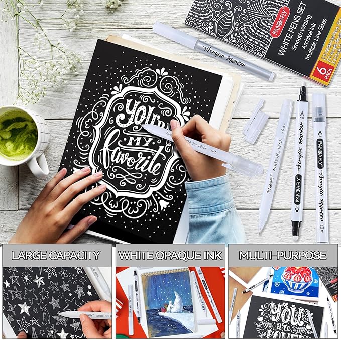 PANDAFLY White Ink Pens Set, 0.5mm Fine Point White Gel Pens Dual-Tip Acrylic Paint Pen Brush Tip Acrylic Markers for Black Paper Drawing, Sketching, Illustration, Card Making, Set of 6