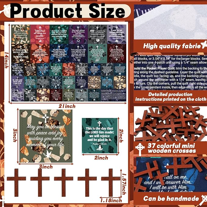 Pocket Prayer Quilt Panel Squares with Small Wooden Crosses Mini Scripture Pocket Prayer Quilt for Friend Family Religious Spiritual Gift Easter Reward Gift(Retro1,Brown)