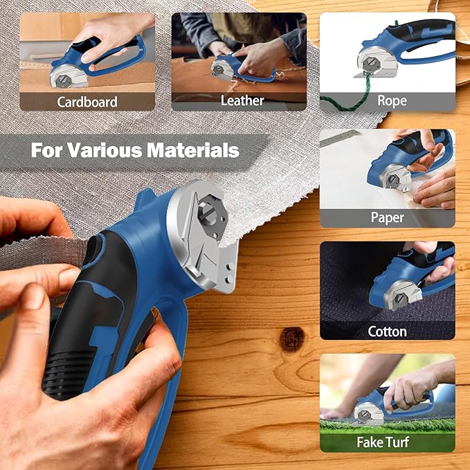 Cordless Electric Scissors, 4V Box Cutter & Cardboard Cutter with Upgrade Blade, LED Light, Safety Lock - Rechargeable Rotary Cutter for Fabric, Leather, Plastic, Sewing, Industrial (Steel Blue)