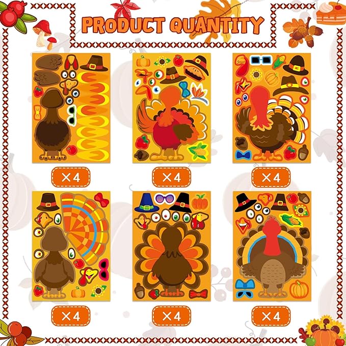 24 Sheets Make a Turkey Stickers, Thanksgiving Stickers for Kids, Make Your Own Turkey Sticker, Thanksgiving Party Favors Supplies, DIY Craft Game Classroom Teacher Reward
