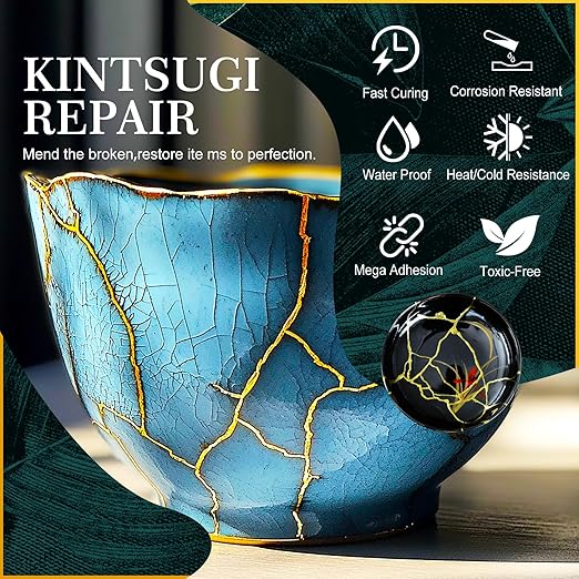 Kintsugi Repair Kit, Upgraded Food Safe Gold & Silver Kintsugi Kit for Broken Ceramics Kintsugi Gold Glue, Ceramic Glue for Pottery, Fast Curing Ceramic Repair Resin for Bowls, Cups, Vases, Saucers